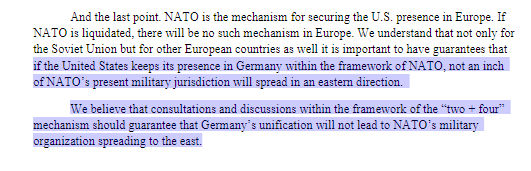 amborin's tweet image. US Secy of State James Baker reassured Soviet Premier Mikhail Gorbachev “not once, but three times” that NATO would expand “not one inch eastward,” in a February 9, 1990 meeting.

Baker admitted that “not only for the Soviet Union but for other European countries as well it is