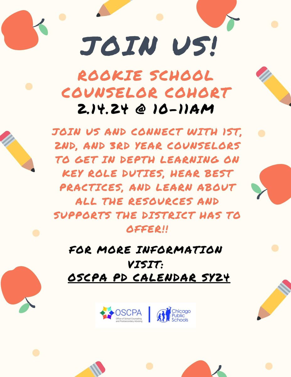 For more information please click the OSCPA PD Calendar: docs.google.com/spreadsheets/d…                                    
Our cohort will be meeting on Wednesday 02/14/24 #theBESTarewithCPS #SchoolCounselors #ChicagoPublicSchools #ILSchoolCounselors