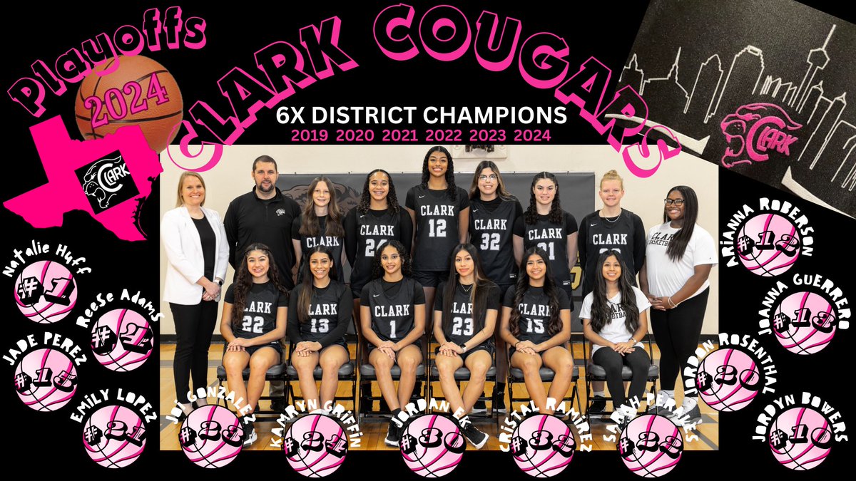 I want to give a BIG shoutout to the Lady Cougars 🐾 who will take on the San Marcos Rattlers 🐍 Tuesday Feb 13th at NORTHSIDE GYM in the first round playoffs!

#defendingstatechamps🏆 #CBB🏀🐾  #classof2🏀25 #13Joey”HypeMan” Guerrero🕺#clarktexas #clarkbasketball #playoffs2024