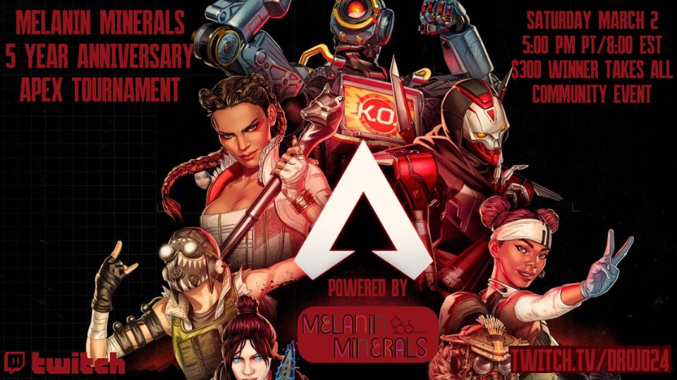 In honor of my 5 year business anniversary for <a href="/MelaninMinerals/">Melanin Minerals™️</a> we’ll be hosting another <a href="/PlayApex/">Apex Legends</a> tournament Saturday March 2 at 5 PM PT! No random pro teams joining and taking all the prize money this year, community only 😂  oregonstate.qualtrics.com/jfe/form/SV_6z…