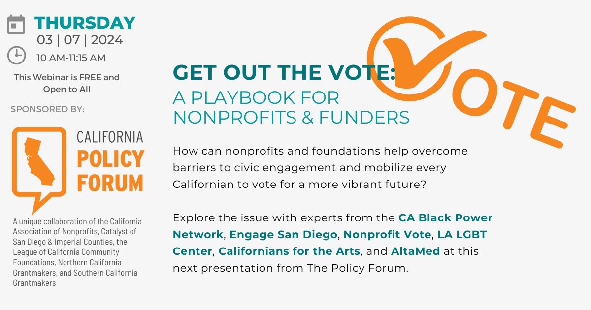 How can your nonprofit or foundation help get out the vote 🗳️ in 2024 and beyond? Sign up for the next Policy Forum webinar for guidance and inspiration + a great line-up of speakers! ➡️bit.ly/3OGrE4c