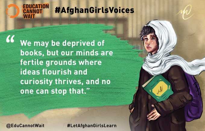 Kent Page (@kentpage) on Twitter photo "We may be deprived of books, but our minds are fertile grounds where ideas flourish & curiosity thrives. No-one can stop that."
📖 Read inspiring words of Afghan girls calling for their right to education.
<a href="/EduCannotWait/">Education Cannot Wait</a> #AfghanGirlsVoices Campaign👉buff.ly/3ZF30Fo "We may be deprived of books, but our minds are fertile grounds where ideas flourish & curiosity thrives. No-one can stop that."
📖 Read inspiring words of Afghan girls calling for their right to education.
<a href="/EduCannotWait/">Education Cannot Wait</a> #AfghanGirlsVoices Campaign👉buff.ly/3ZF30Fo