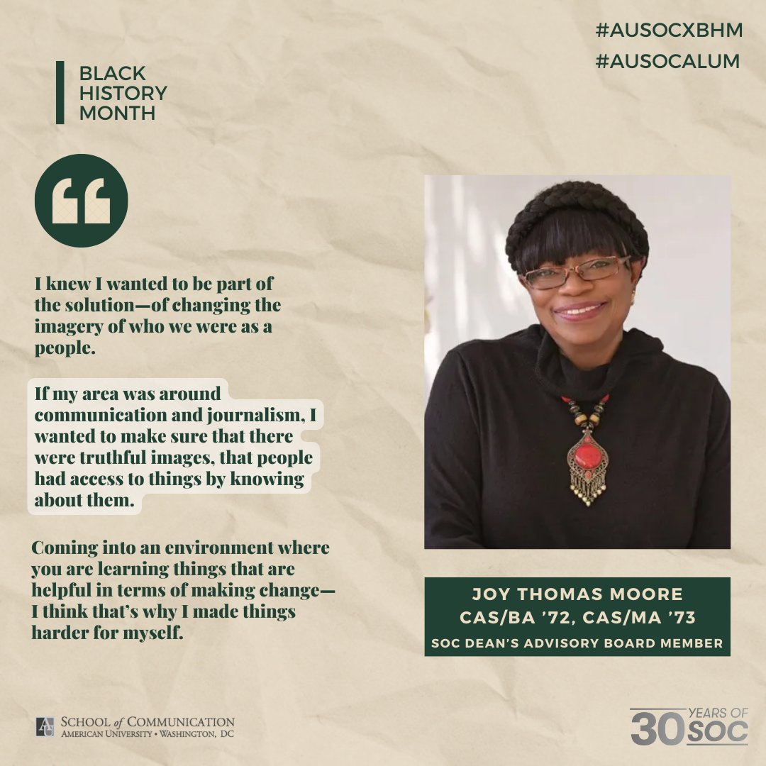 🎓 Honoring Joy Thomas Moore's legacy this #BlackHistoryMonth. Her pursuit  of truthful storytelling at @americanu reshaped community narratives and  inspired change. 🌟 @americanualum #AUSOcxBHM https://t.co/zoXl5hp40k, image size:1080x1080