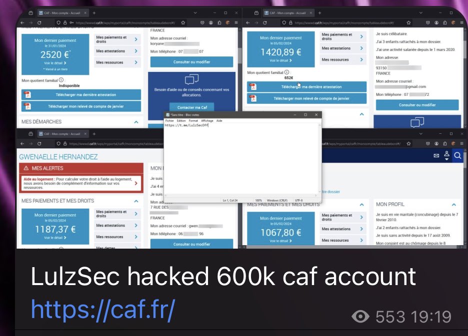 HackAndnewsoff's tweet photo. tonight #lulzsec the group of cyber criminals hacked 600k caf accounts, a French government organization
#opFrance
#Lulzsec
#Hackandnews https://t.co/wWc5VrCxIM