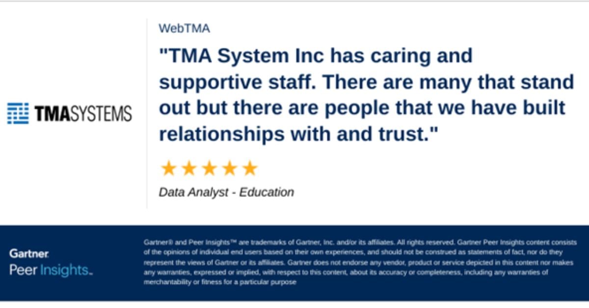 TMA_Systems's tweet image. Data Analyst in the Education Industry gives WebTMA 5/5 Rating in Gartner Peer Insights™ Enterprise Asset Management Software Market. Read the full review here: hubs.ly/Q02kMTKz0
 
#gartnerpeerinsights #WebTMA #CMMS #FacilityManagement