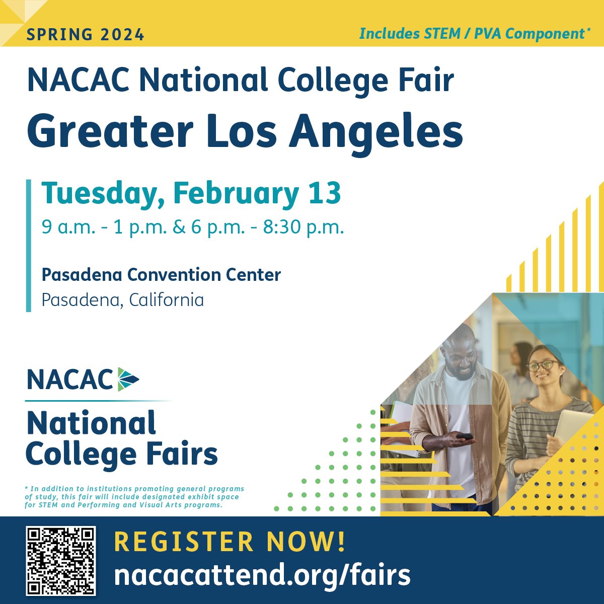 Students, counselors, and parents, Join us at the Pasadena Convention Center for our next in-person #collegefair. nacacattend.org/fairs This fair includes a STEM/PVA component. #STEM #performingarts #collegfairs