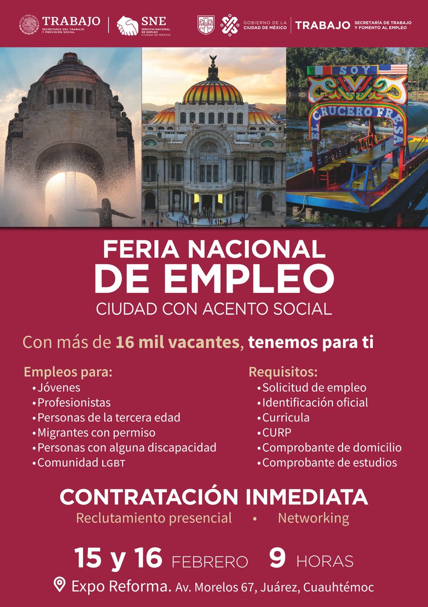 ✨ ¡Tu próximo trabajo te espera! 🤩  

📄 Participa en la Feria Nacional de Empleo 2024, donde más de 16 mil vacantes y contrataciones inmediatas te esperan. ✍️ No pierdas esta oportunidad única para hacer realidad tus metas laborales. 😉 💼  

🗓️ 15 y 16 de febrero | 9:00 h. 📍