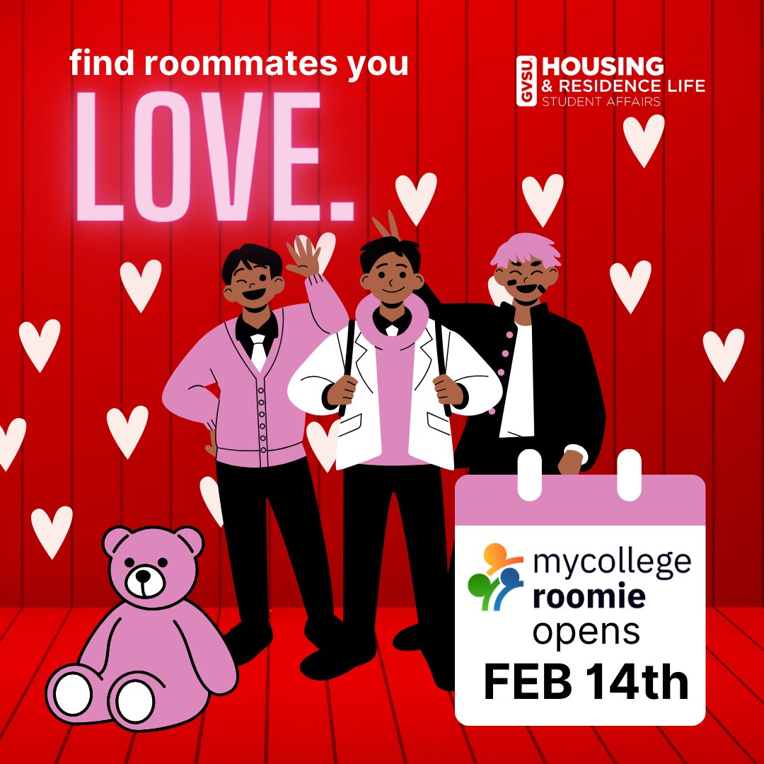 Find your perfect roommates this Valentine's Day with MyCollegeRoomie! ❤️ GVSU Housing opens its matching system on Feb 14th. Whether you're looking for a roommate or friends with similar interests, MyCollegeRoomie has you covered. gvsu.edu/s/2BO 
#GVSU #gvsuhousing