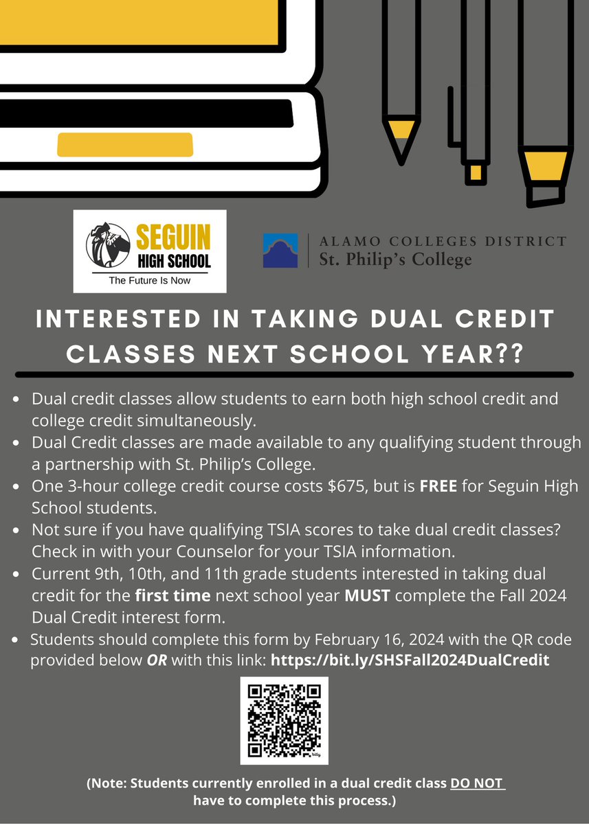 📢Attention @SeguinHSTx students! 📢
Interested in taking a FREE dual credit class next year?? These college-credit courses are each valued at $675-$900, but are absolutely FREE to SHS students & their parents. Sign up by Feb. 16! See the flyer below for additional details.