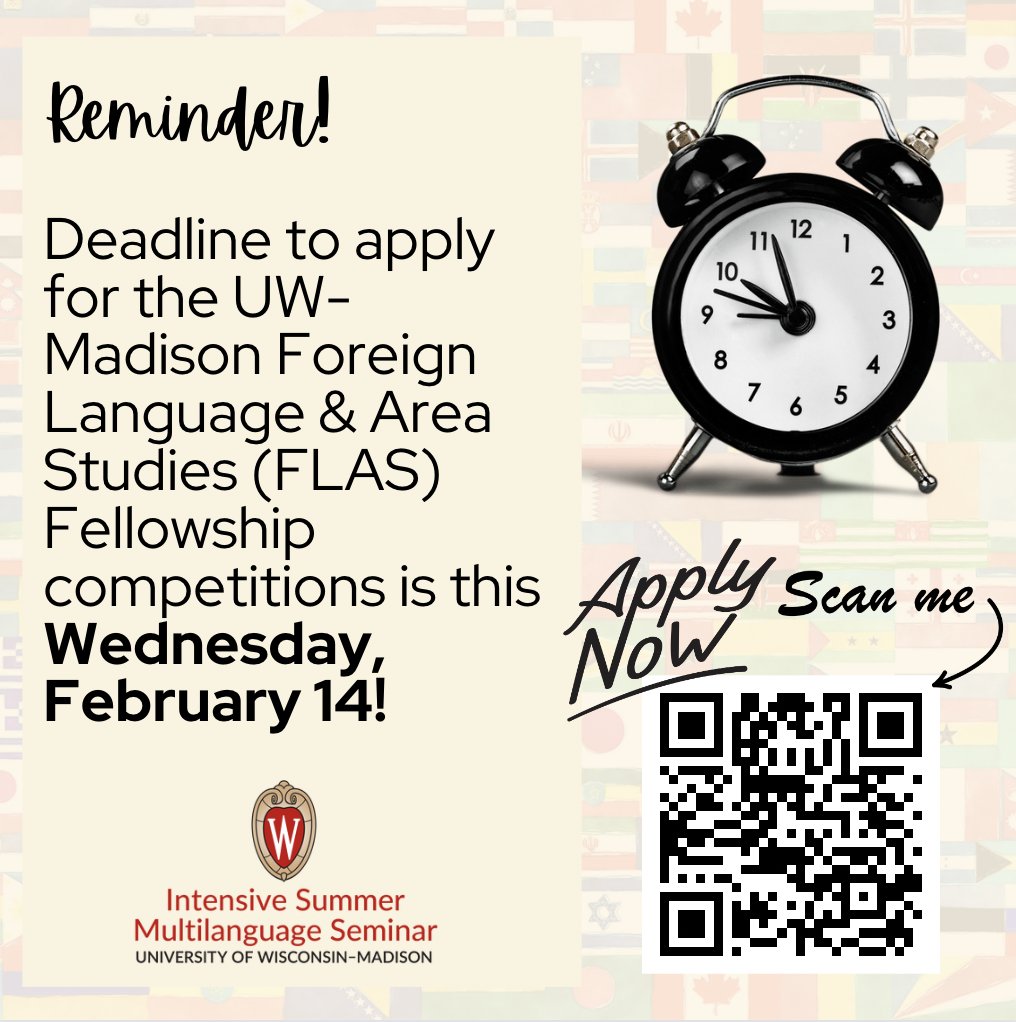 A friendly reminder to apply for the FLAS Fellowship by this Wednesday, February 14. What's a better way to celebrate Valentine's Day than to show your love for learning languages? 

Apply here: flas.wisc.edu

#fundingopportunities #FLAS #summer2024 #Multi  #LPO