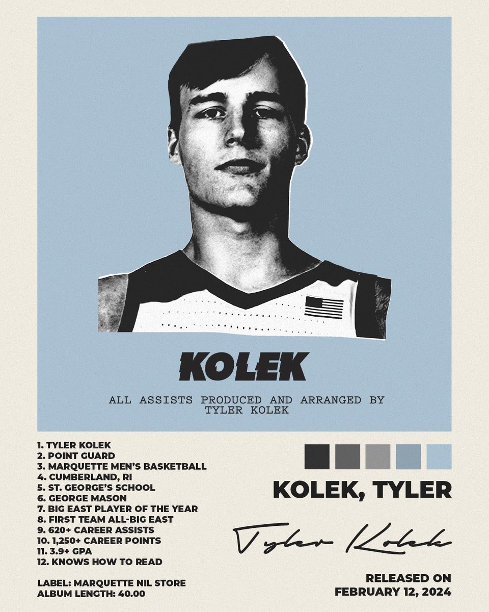 NEW DROP: Tyler Kolek, The Creator. 

All assists produced and arranged by Tyler Kolek. 

➡️ marquette.nil.store/collections/ty…