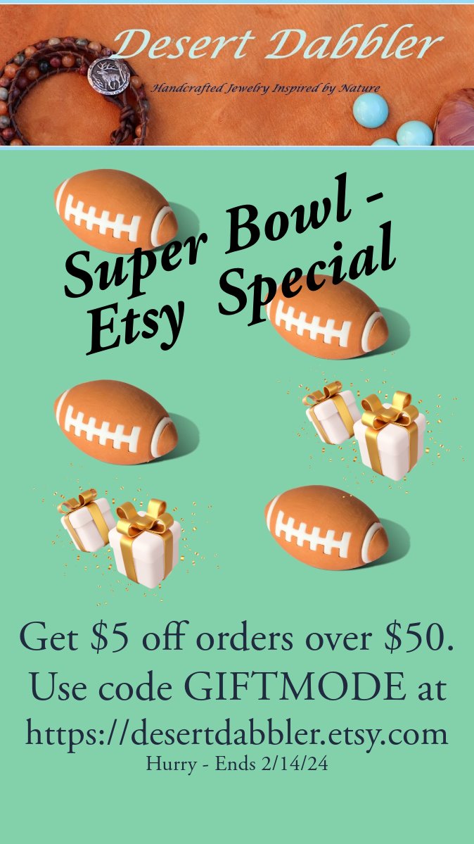 DesertDabbler's tweet photo. Did you see Etsy's Super Bowl ad? They are celebrating with a $ale.  $5 off orders over $50. Find a new necklace or special bracelet at Desert Dabbler Handcrafted Jewelry.   Use code GIFTMODE
https://t.co/uESF7QQYpY https://t.co/1hkaVjtklN