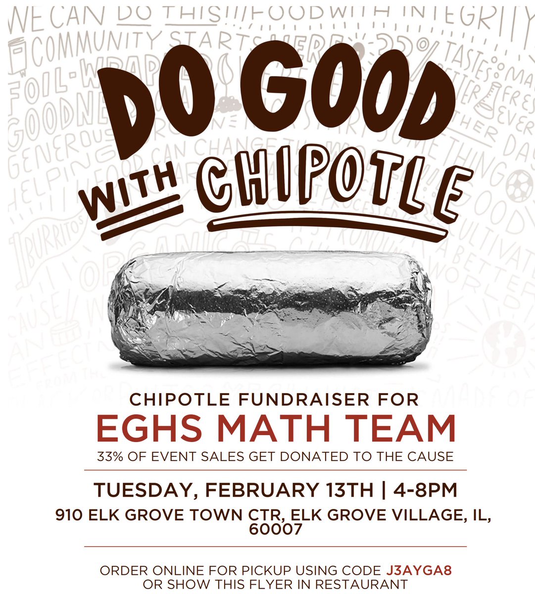 EGMathNation's tweet image. EASY dinner idea Tuesday 2/13!  Chipotle for dinner! And best of all, you get to support the EG Mathletes!