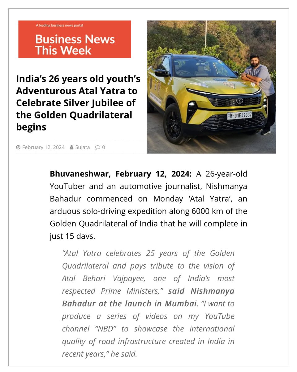 NBDrives's tweet photo. Thanks to #BusinessNewsThisWeek @neel5 for sharing my journey across India’s roads! 

Follow me at @nbdrives as I drive across 6000 kms across India in 15 days. 🚗🌍 #IndiaRoadTrip #AtalYatra #GoldenQuadrilateral 

Sponsored by @morthindia @bpclimited @hpcl @tatamotorscars https://t.co/o4AtOeyQXZ
