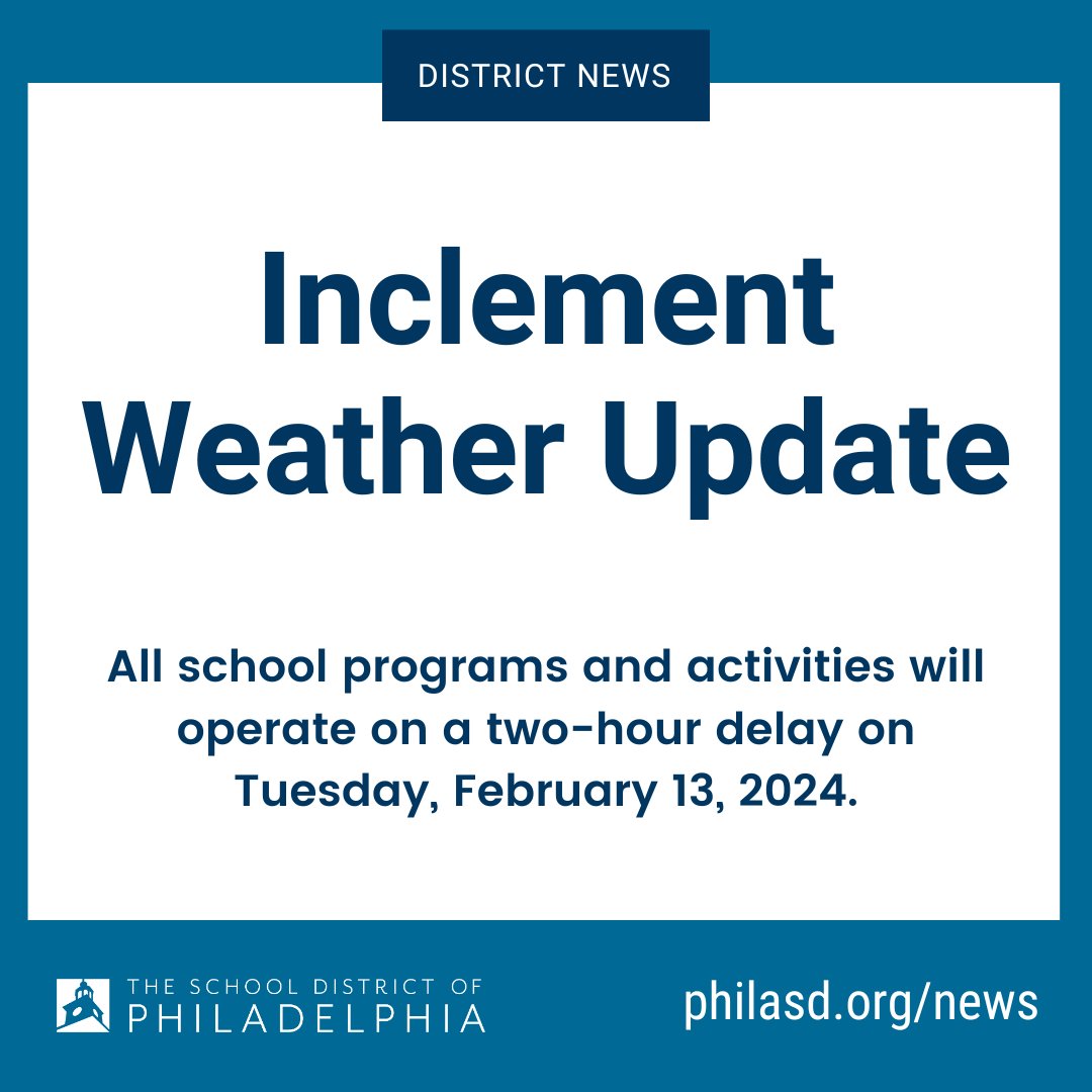 All school programs and activities will operate on a two-hour delay on Tuesday, February 13, 2024. For more info, visit: bit.ly/3SVstsp