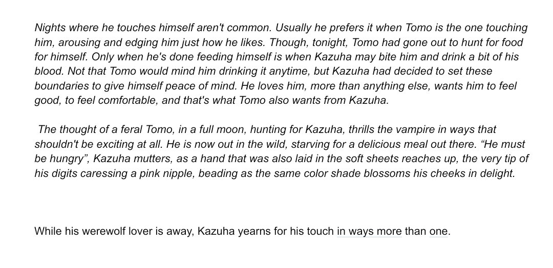 abandoned wishes
· nsfw 🔞
· 3k words
· #tomozuha / #tomokazu
· solo play + masturbation+ voyeurism (?)
· vampire kazuha x werewolf tomo

🖇️ archiveofourown.org/works/53735071