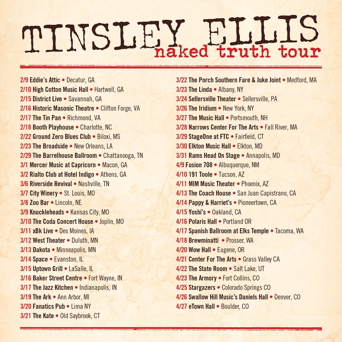 Naked Truth tour is a ball buster! Tour dates and autographed CDs and LPs at tinsleyellis.com