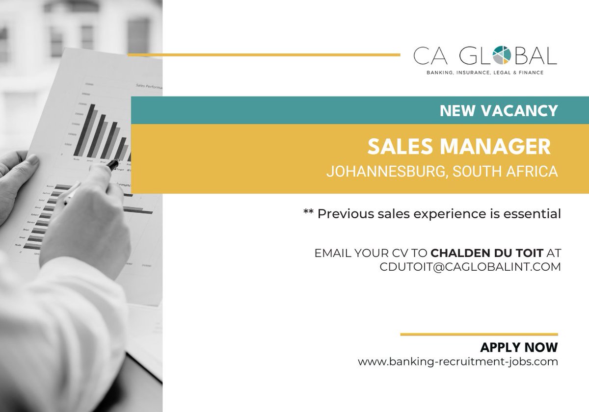 CAGlobal_Jobs's tweet image. 𝐒𝐚𝐥𝐞𝐬 𝐌𝐚𝐧𝐚𝐠𝐞𝐫 𝐰𝐚𝐧𝐭𝐞𝐝: Expand products across Africa!

** The position is based in Johannesburg, South Africa.

➜ View job spec: caglobalint.com/recruitmentafr…

📧 Chalden du Toit at cdutoit@caglobalint.com

#caglobal #caglobaljobs #productdeployment #salesmanager