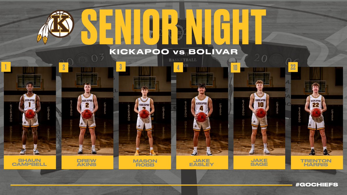 Kickapoo Basketball (@poobasketball) on Twitter photo Join us tomorrow night to recognize our 6 Seniors for Senior Night vs Bolivar!! #GoChiefs
<a href="/KickapooChiefs/">KickapooHighSchool</a> Join us tomorrow night to recognize our 6 Seniors for Senior Night vs Bolivar!! #GoChiefs
<a href="/KickapooChiefs/">KickapooHighSchool</a>