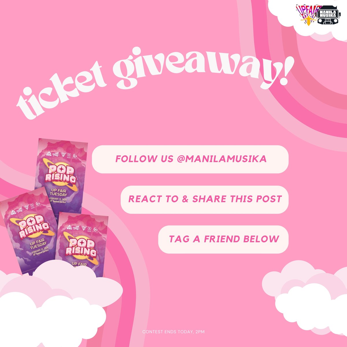 Mabilisang ticket giveaway para mamaya sa POP RISING UP FAIR TUESDAY!

Follow, react and retweet, then tag a friend!