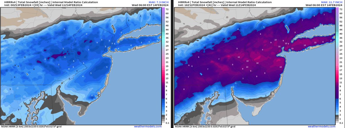 NJWxNews's tweet image. The 00z HRRR (Infused with new data from dropsondes) vs the 18z HRRR. Going to be a fun one! #njwx #njsnow