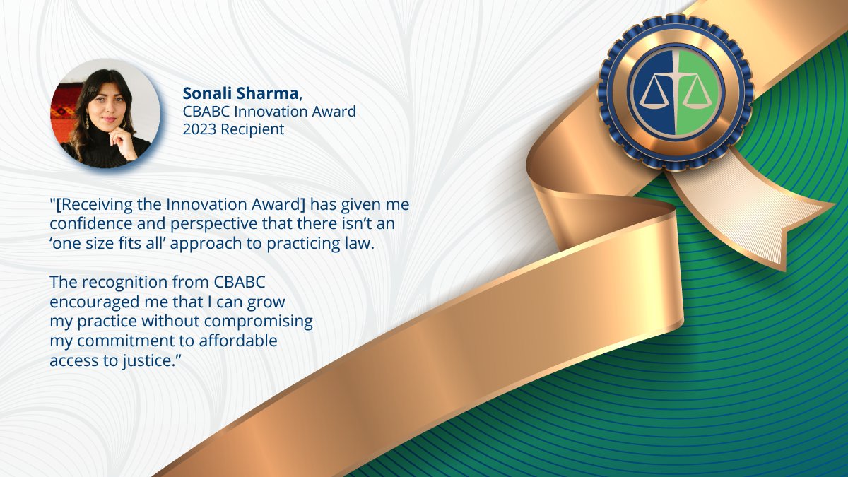 CBA_BC's tweet photo. Nominate an outstanding colleague for an award because remarkable deserves recognition! @Athenalaw604 shares what receiving the 2023 CBABC Innovation Award has meant to her and her practice.
 
CBABC awards: https://t.co/34A8SmpC5p  
CBA awards: https://t.co/nMiA0zI3aL https://t.co/odBTupLQDw