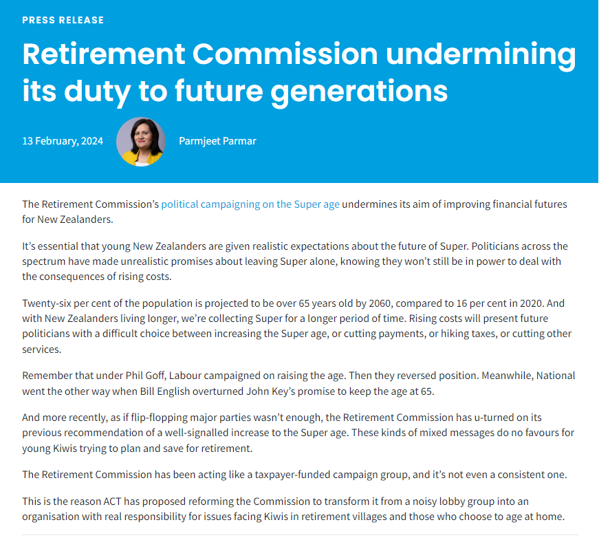 'The Retirement Commission’s political campaigning on the Super age undermines its aim of improving financial futures for New Zealanders,' says @Parmjeet_Parmar.