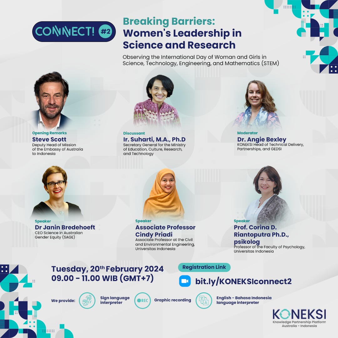 What a brilliant lineup!✨
Join us online next week to discuss how we can progress women's international STEM leadership.

SAGE CEO Dr Janin Bredehoeft will talk with @DrABexley and a panel of experts via the Australian Embassy in Indonesia.
Register now👇
bit.ly/KONEKSIconnect2