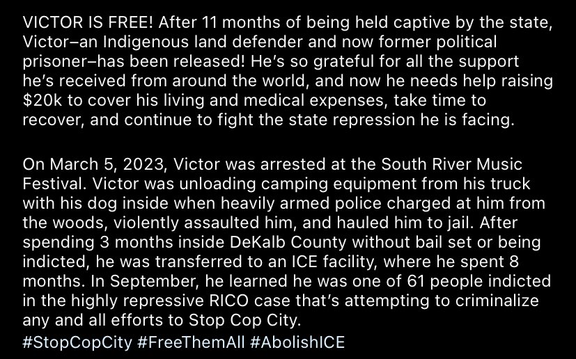 Victor is finally out of ICE prison! Please donate if you can. #StopCopCity