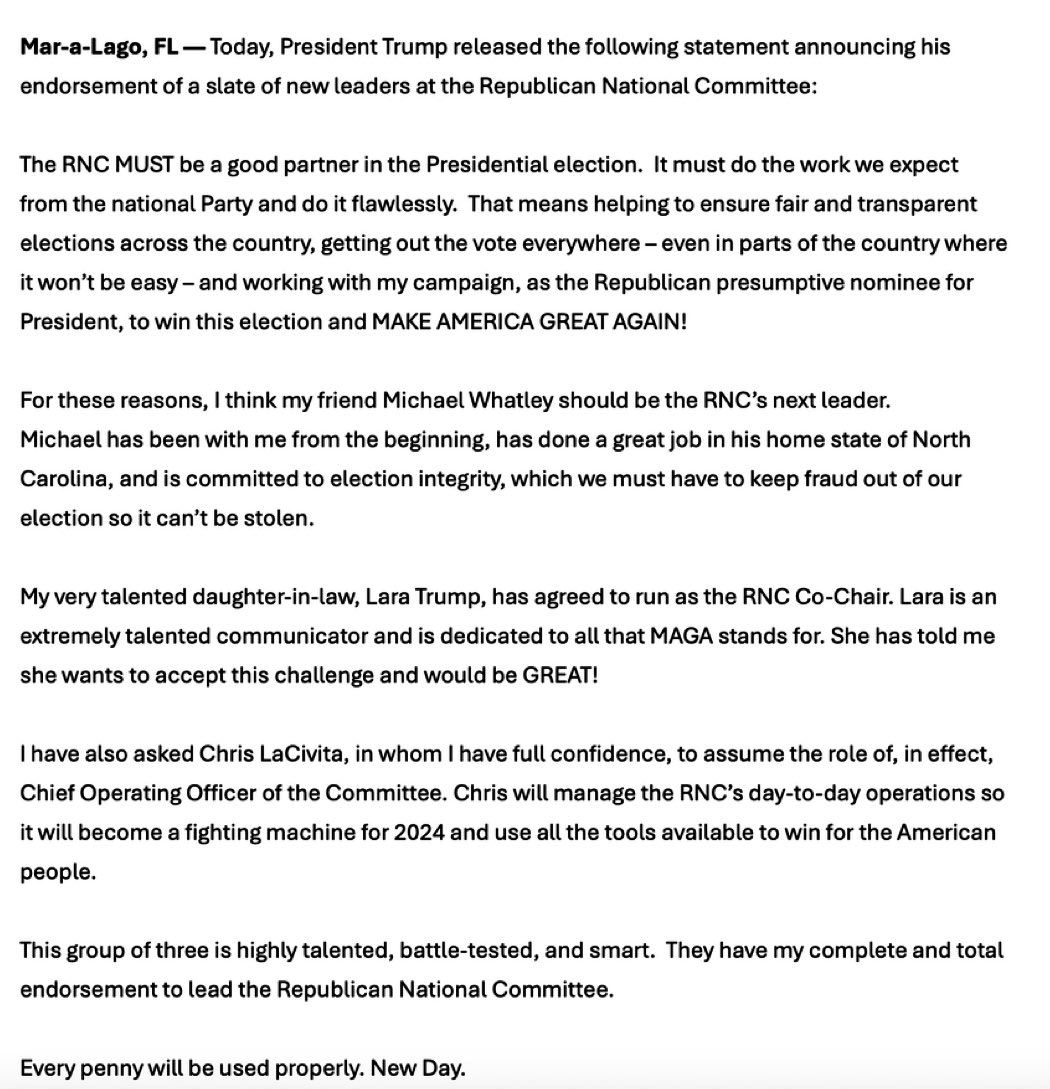 meiselasb's tweet image. I rarely agree with Donald Trump but this is a rare exception. I agree that Lara Trump would make a great co-chair for the RNC and she has my full support and endorsement. I also agree with Donald Trump that she will make sure “every penny will be used properly” of Republican…