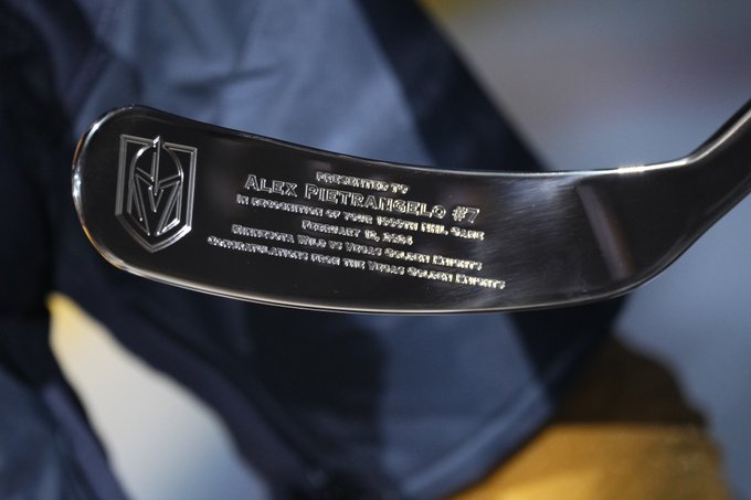 A closeup of the blade of Alex Pietrangelo's golden hockey stick