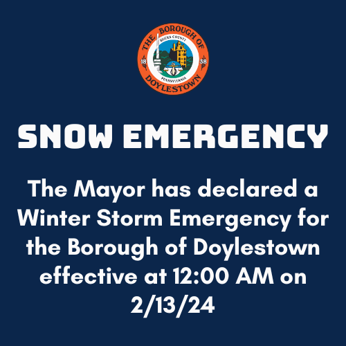 The Mayor has declared a Winter Storm Emergency for the Borough of Doylestown effective at midnight and continuing for the duration of the storm until snow emergency routes have been cleared.

doylestownborough.net/pages/snow-ice…