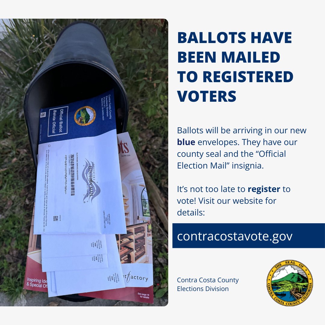 Ballots have been mailed for the March 5th, 2024 Presidential Primary Election. If you do not receive yours by Tuesday February 20th you should call our office at 925-335-7800 to request a Vote By Mail Ballot. #CoCoVote #TrustedInfo2024 #VoteReady