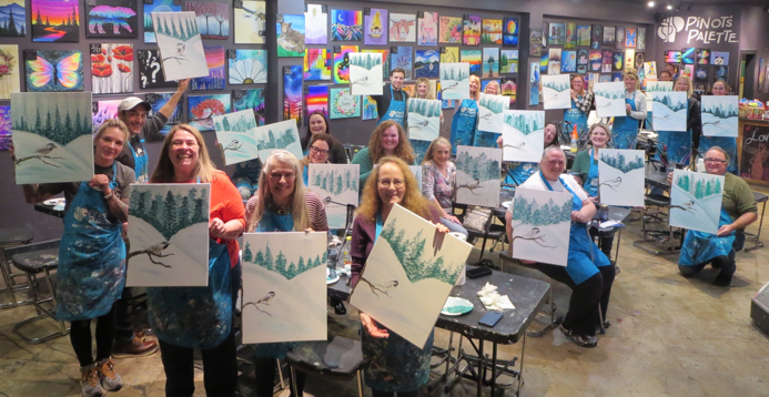 PinotCdA's tweet image. Such cute little Black-Capped Chickadees in this class!! #pinotspalettecda #cdaid #paintdrinkhavefun #birdpainting #chickadee #datenightideas #socute