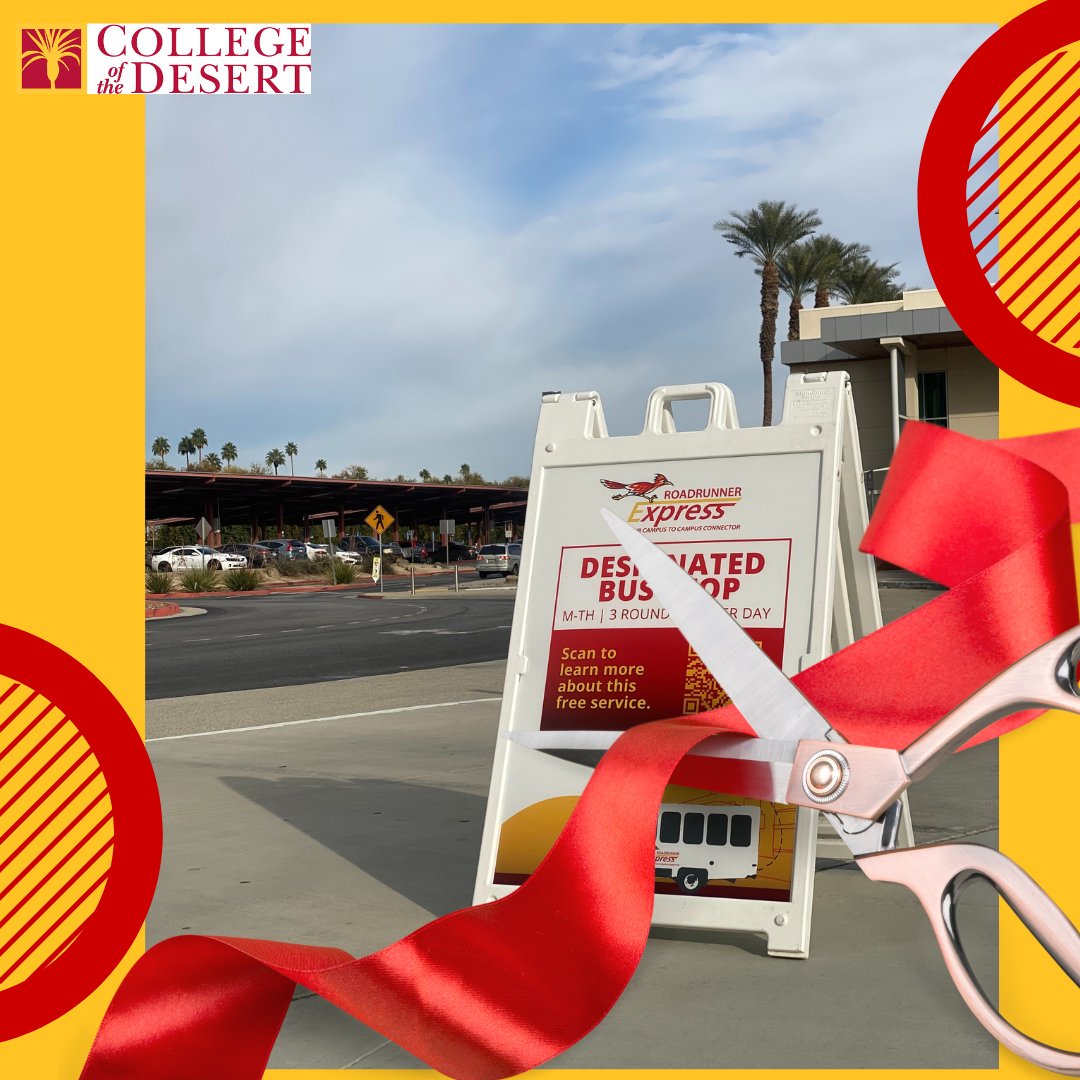 Join us on Thursday, February 15 8:30 AM at the amphitheater for the ribbon cutting for Roadrunner Express! 🚌

Light refreshments will be provided. We hope to see you there! 

#YourCommunityYourCollege #RoadrunnerExpress #CollegeoftheDesert