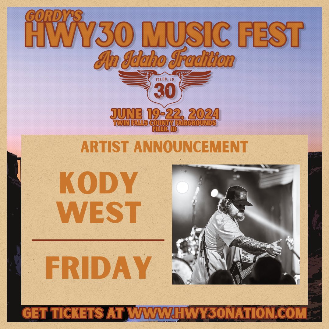 ‼️BAND ANNOUNCEMENT‼️

Y’all help us welcome <a href="/KodyWest/">Kody West</a> to the #Hwy30family!

We are so excited to add another incredibly talented artist to the FRIDAY, June 21st lineup 💥
Secure your passes TODAY…🎫 hwy30nation.com