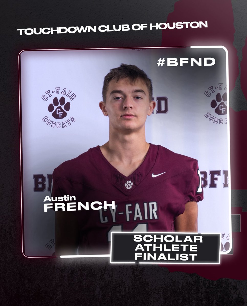 Cy-Fair HS Football (@bfnd_football) on Twitter photo Congrats to <a href="/AFrench713/">Robert 'Austin' French</a> for being nominated as a finalist for the Touchdown Club of Houston Scholar Athlete Award. #BFND Congrats to <a href="/AFrench713/">Robert 'Austin' French</a> for being nominated as a finalist for the Touchdown Club of Houston Scholar Athlete Award. #BFND