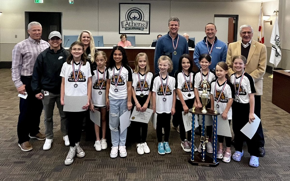 AthensAL's tweet photo. Athens Rec, City Council &amp; @MarksMayor recognize the  2023 8U Girls Soccer Team for being State Champions! Great job! https://t.co/nBrxQpY6Z9
