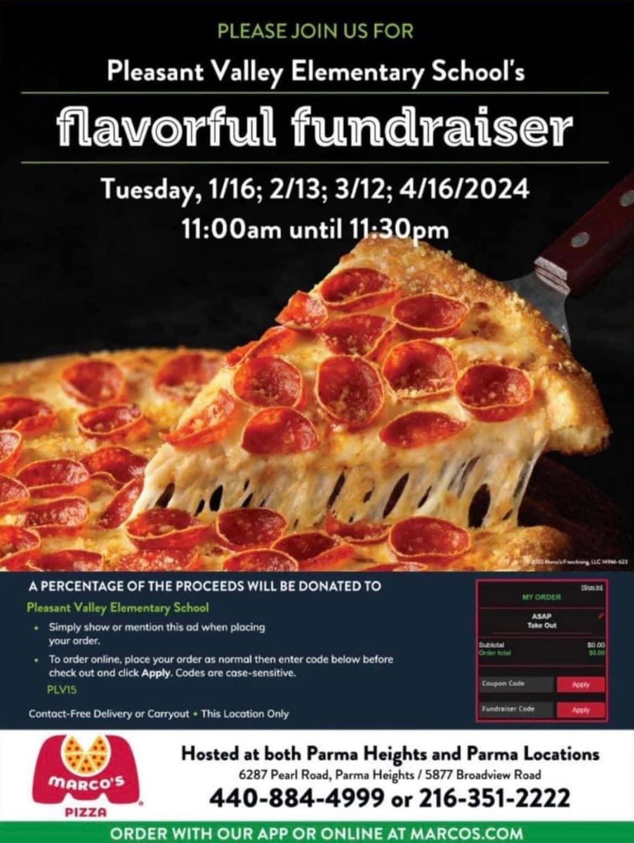 It’s that time again!! Tomorrow, support PV PBIS initiatives by ordering your lunch or dinner from Marco’s Pizza. 🤩💙🍕