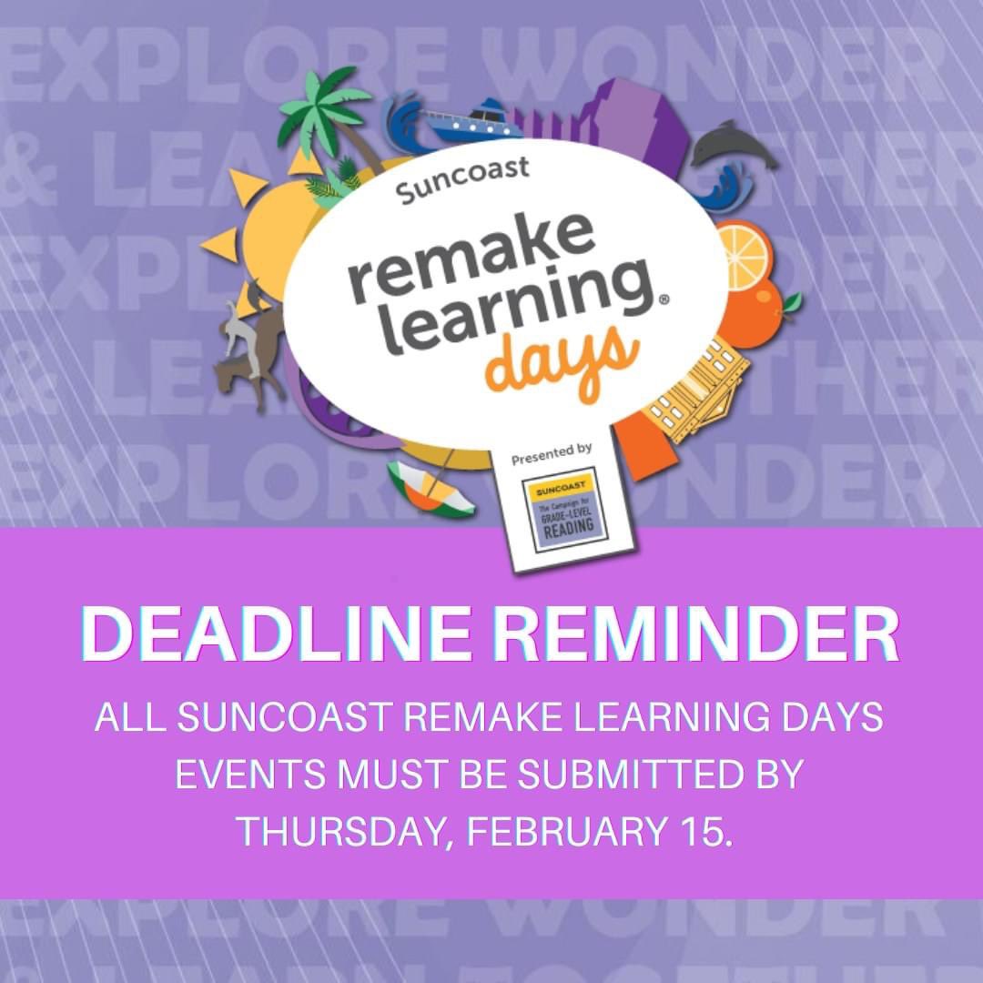 Atención Gente maravillosa, Queremos recordarles que el tiempo para registrar su evento se está terminando. La fecha límite es el jueves 15 de febrero, a las 11:59 pm. REGÍSTRATE AQUÍ: bit.ly/SRLDSubmission @SuncoastCGLR @ThePattersonFdn @duda_beth