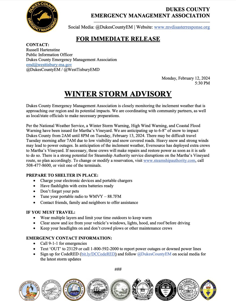 DukesCountyEM's tweet photo. ๐จMonday, February 12, 2024 5:30PM #DukesCounty #EmergencyManagement Association's #WinterStormAdvisory with tips & local resourcesโ๏ธ
#WinterReady #ThisIsEM #EmergencyManagement #EmergencyPreparedness #Community #Weather #Mawx #Winter #PlanAhead #ReadyMA #MarthasVineyard #DCEMA https://t.co/jwrE2HvQ3l