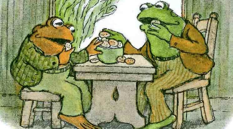"We must stop eating!" cried Toad as he ate another.

"Yes," said Frog, reaching for a cookie.
