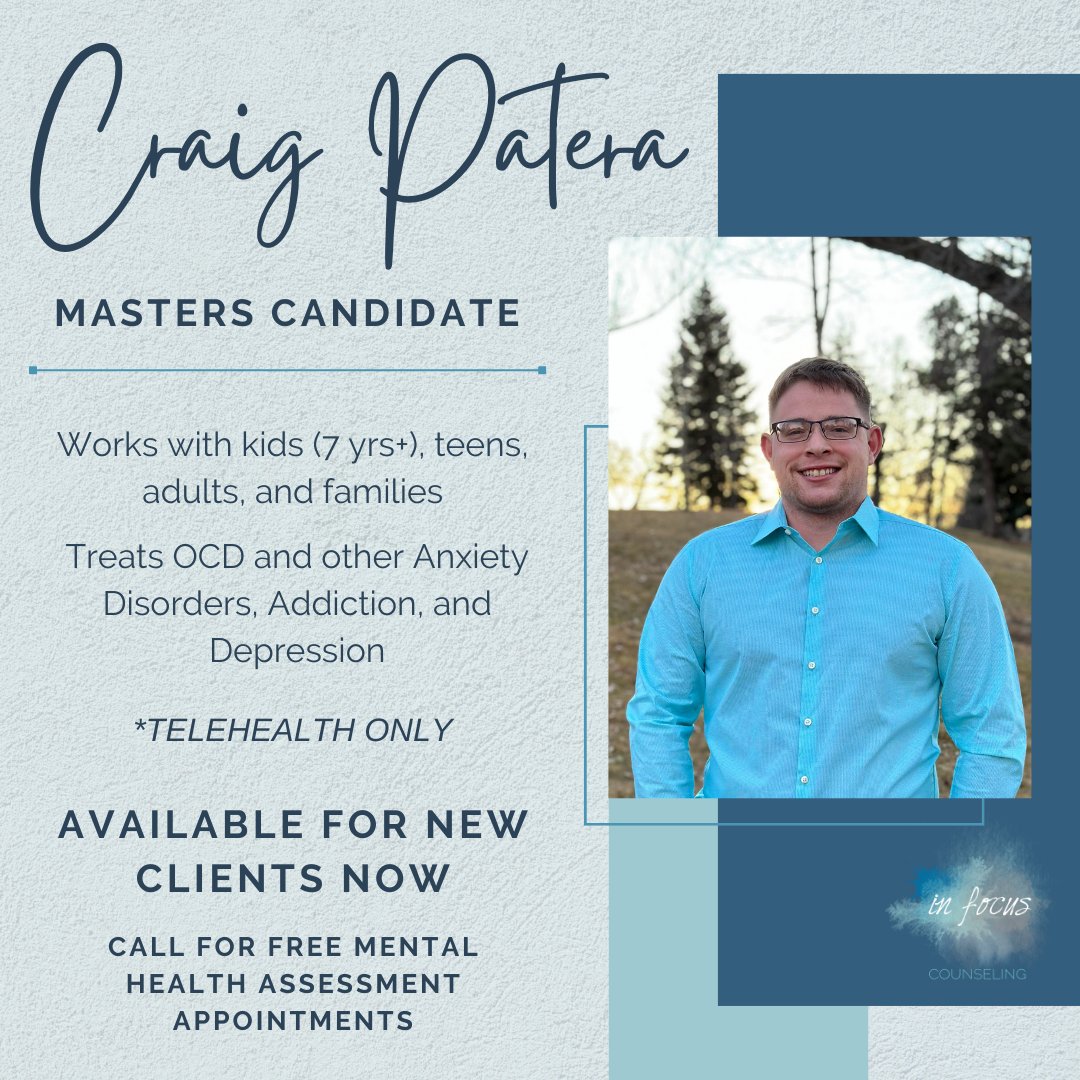 Meet Craig!
Craig will be working with clients suffering from OCD, anxiety disorders, addiction, and depression. He treats kids (7 yrs+), teens, adults, and families. Call to book a free assessment!

#OCDTherapy #AnxietyTherapy #AddictionTherapy #FamilyTherapy #InFocusCounseling