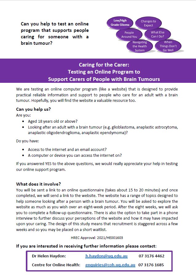 We are testing an online program to support carers of people with brain tumours #CaringForTheCarer Are you 🟢18 yrs or above 🟢Looking after an adult with a brain tumour Get in touch: enquiries@coh.uq.edu.au #BRAINS