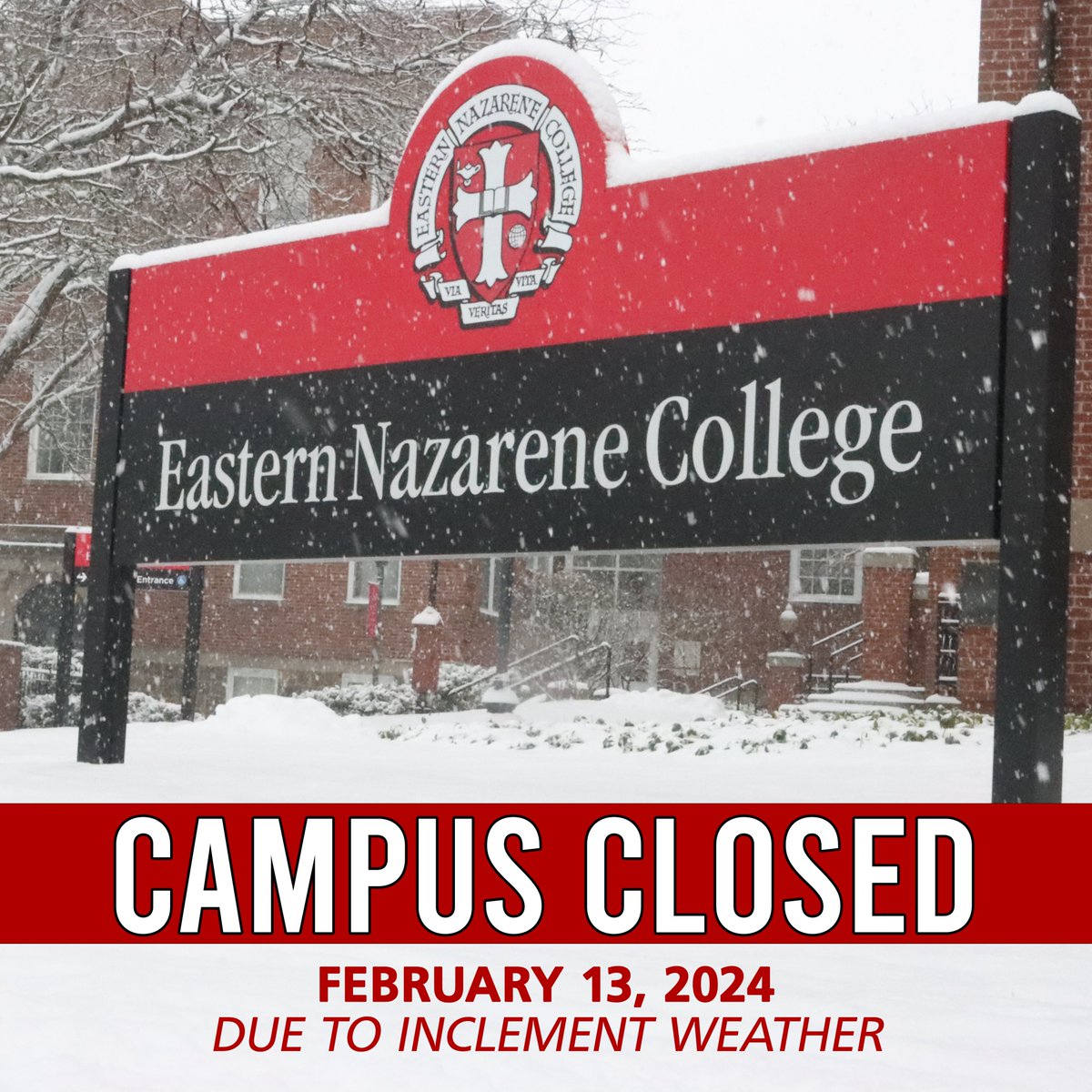 In anticipation of heavy snowfall Tuesday, Eastern Nazarene College campus offices and Campus Kinder Haus will be closed on February 13, 2024.

Classes will switch from regular classroom instruction to remote instruction. 

For more information, visit enc.edu/notices