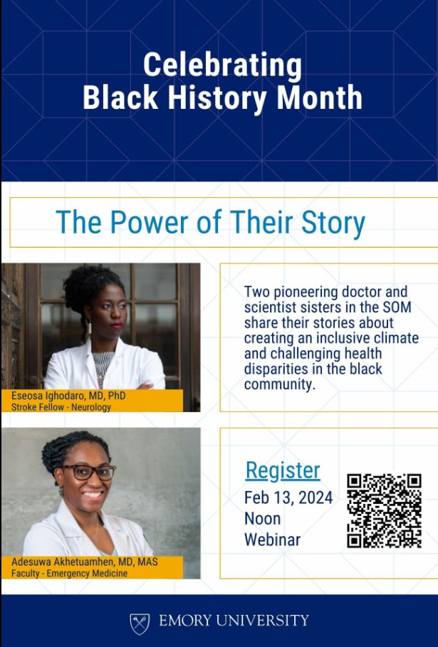 Join the fabulous @Dr_Ighodaro and her sister @AdeAkhMD tomorrow at 12 pm EST for this special event celebrating #BlackHistoryMonth! #neurology #WomenInMedicine #MedEd @WNGtweets med.emory.edu/about/diversit…