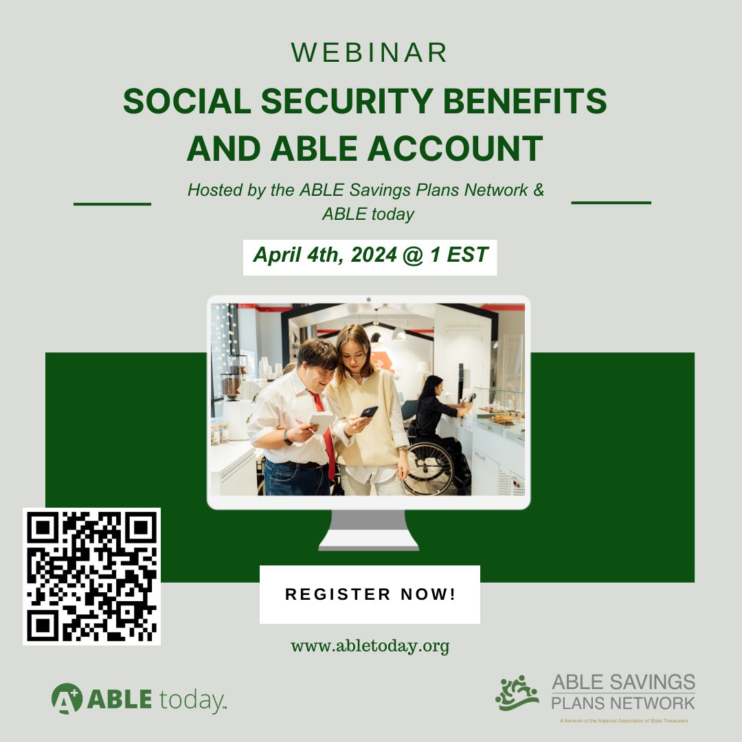 April 4th @ 1 pm EST – join @abletodayorg , experts from the @SocialSecurity Administration, and ABLE state program leaders from the ABLE Savings Plans Network for a webinar on ABLE and Social Security Benefit! Register below abletoday.org/webinar-home