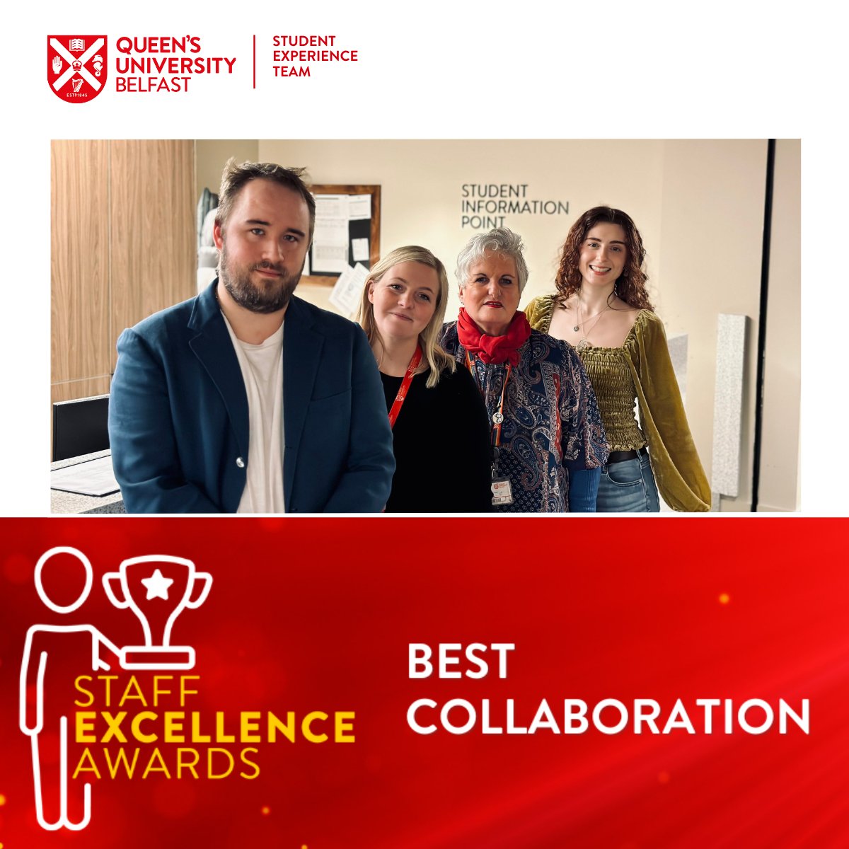 🌟Exciting News! @QUBelfast Student Experience Team is shortlisted for the Staff Excellence Awards 🏆 in the BEST COLLABORATION category! A nod to our dedicated teammates - Conor, Ally, Ann, and Rachel!👏 View the other nominees: ow.ly/UgkS50QAfIP