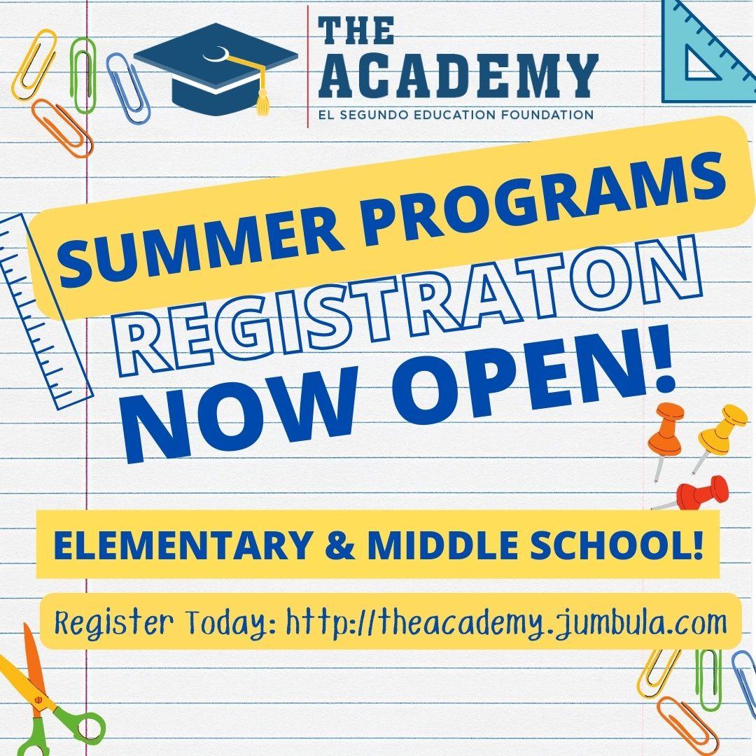 ElSegundoEdFnd's tweet image. ☀️😎 Ed! Academy Summer Program Registration NOW OPEN! ☀️😎
.
Get a jumpstart on planning your kiddos summer schedule! Our programs are academically focused, led by ESUSD personnel/affiliates of Ed!, and most importantly, FUN! 
NEW THIS YEAR: Extended Hours for Afternoon Fun!