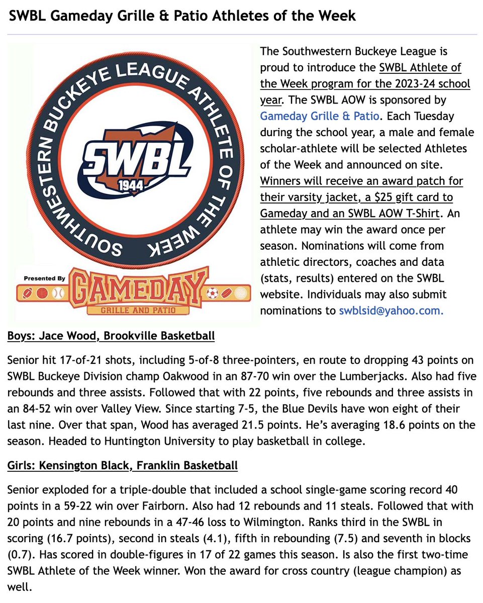 Gameday Grille &amp; Patio SWBL Athletes of the Week swblsports.com <a href="/WDTN/">WDTN</a> <a href="/whiotv/">WHIO-TV</a> <a href="/daytondailynews/">Dayton Daily News</a> <a href="/ENQSports/">Enquirer Sports</a> <a href="/dayton247now/">Dayton 24/7 Now</a> <a href="/journalnews/">journalnews</a> <a href="/emowenjr/">Eddie Mowen Jr.</a> <a href="/ohiostatescott/">Scott Halasz</a> <a href="/Steven_Wright_/">Steven Wright</a> <a href="/jw_gilbert/">Jeff Gilbert ✏️</a> <a href="/EFrantzMP/">Eric Frantz</a> <a href="/skipweaver65/">Skip Weaver</a> @BCHSSReport <a href="/SWOSportsDaily/">Southwest Ohio Sports Daily</a> <a href="/JoeyDeBerardino/">Joey DeBerardino</a> <a href="/JackPohl/">Jack Pohl</a>